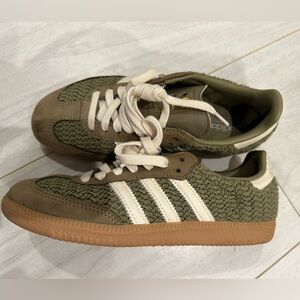 adidas Olive Green Woven Sneakers with Cream Stripes and Gum Sole